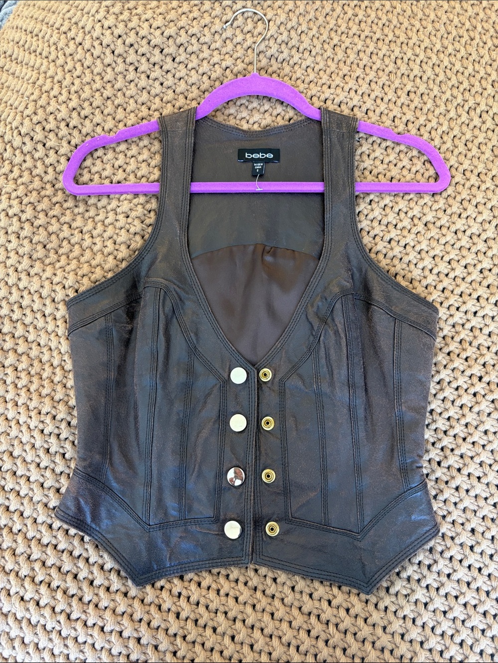 bebe Brown Leather Button Front Vest